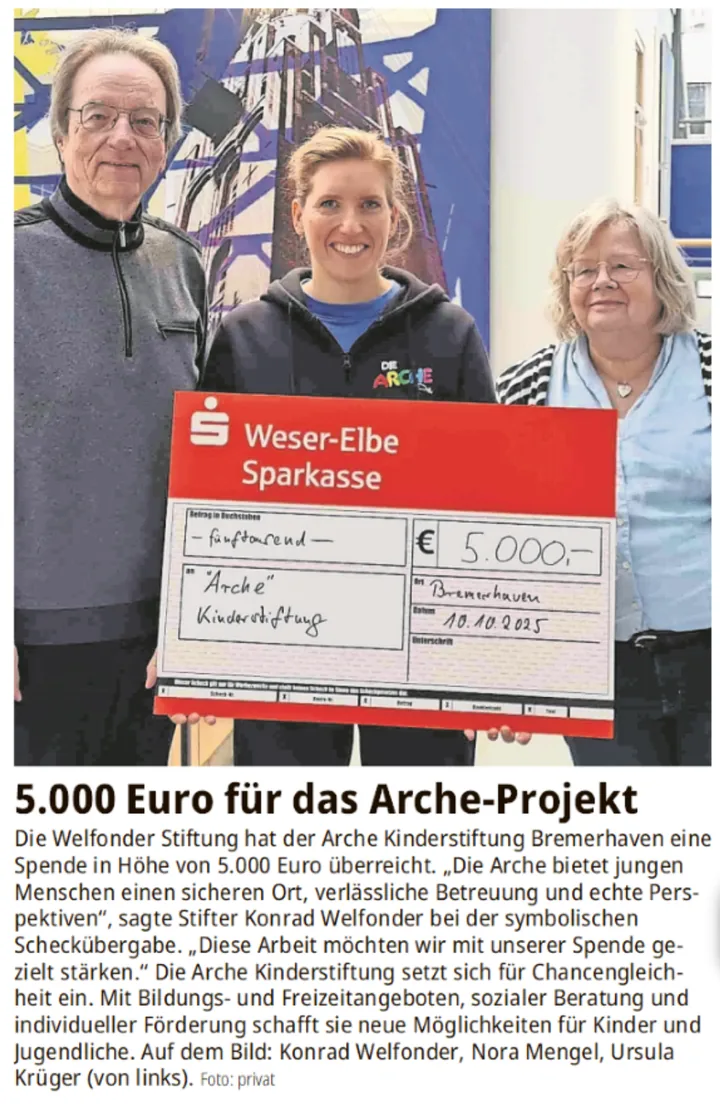 Scheckübergabe über 5.000 Euro an die Arche Kinderstiftung Bremerhaven
