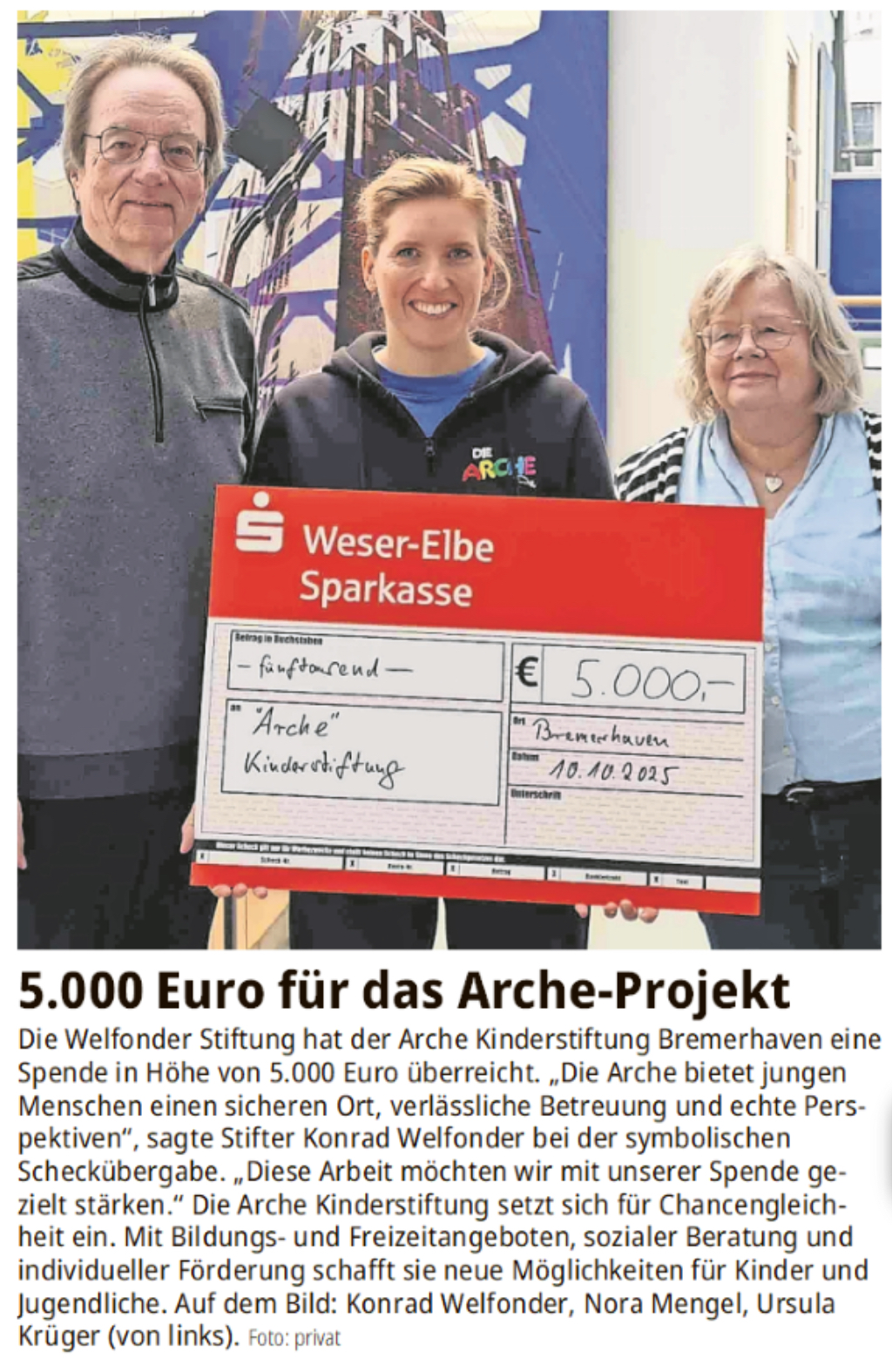 Scheckübergabe über 5.000 Euro an die Arche Kinderstiftung Bremerhaven