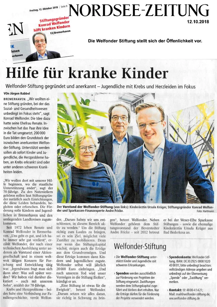 Zeitungsbericht zur Gründung und Anerkennung der WELFONDER-Stiftung