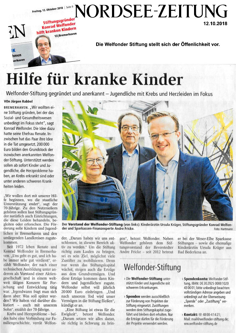 Zeitungsbericht zur Gründung und Anerkennung der WELFONDER-Stiftung