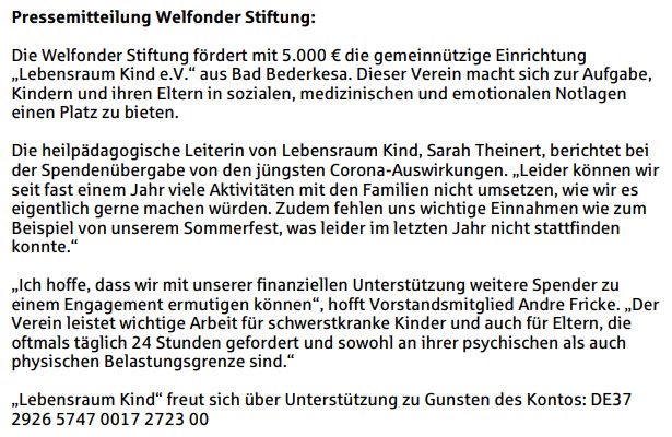 Pressemitteilung zur Förderung von Lebensraum Kind mit 5.000 Euro