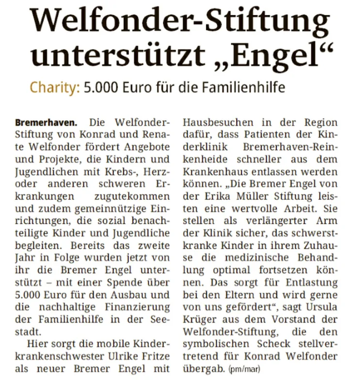 Welfonder-Stiftung unterstützt „Engel“