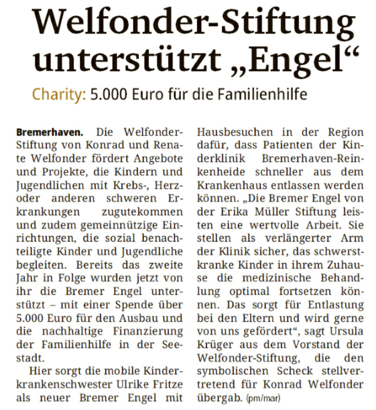 Welfonder-Stiftung unterstützt „Engel“