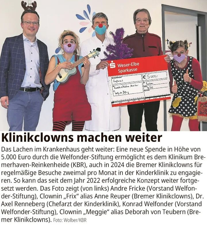 Übergabe eines Spendenschecks über 5.000 Euro für die Bremer Klinikclowns in der Kinderklinik Bremerhaven-Reinkenheide
