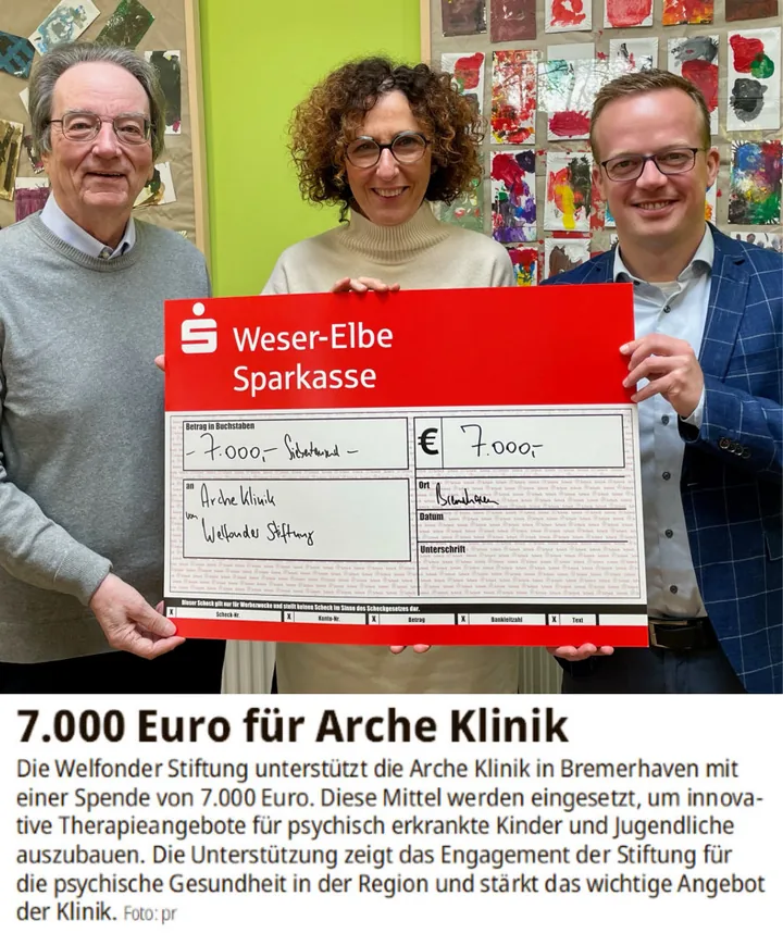 Scheckübergabe über 7.000 Euro an die Arche Klinik in Bremerhaven