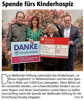 Scheckübergabe über 3.000 Euro an das Kinderhospiz Joshuas Engelreich in Wilhelmshaven