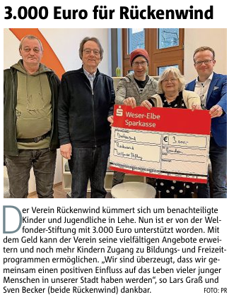Scheckübergabe über 3.000 Euro an den Verein Rückenwind in Bremerhaven-Lehe