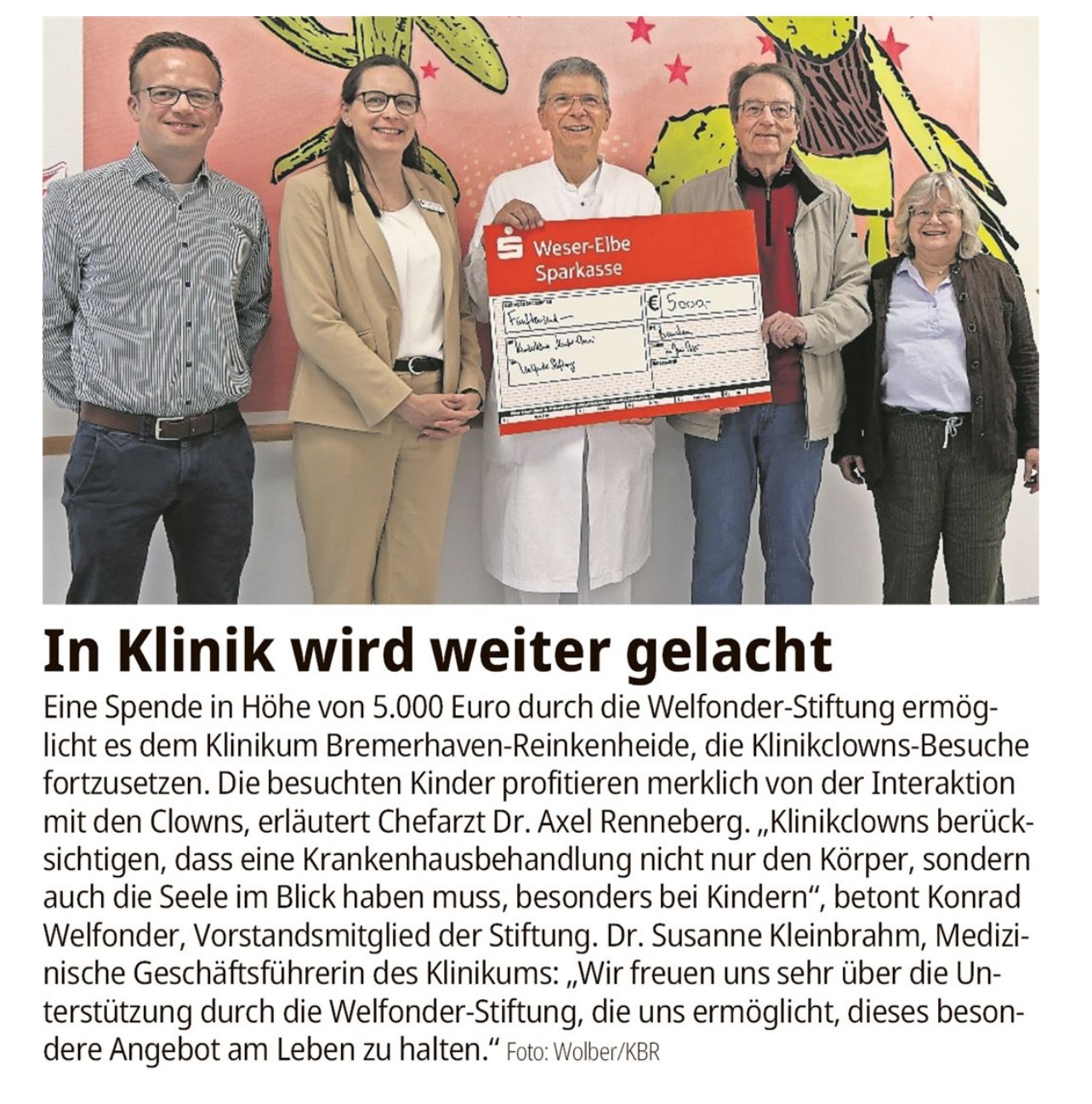 Übergabe eines Spendenschecks über 5.000 Euro für Klinikclown-Besuche in der Kinderklinik Bremerhaven-Reinkenheide