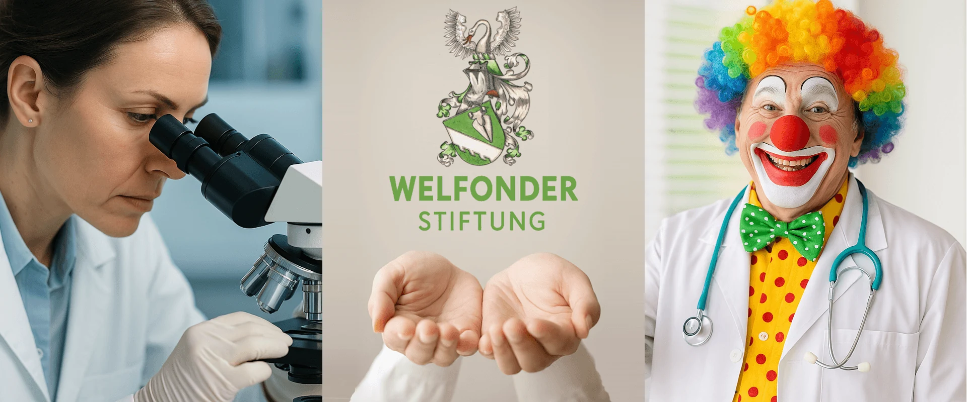 Ärztin in der Forschung, Wappen der WELFONDER-Stiftung, helfende Hände und Klinikclown